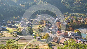 Shirakawago village Gifu Japan time lapse with Gassho house in autumn season
