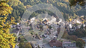 Shirakawago village Japan time lapse with Gassho house in autumn foliage