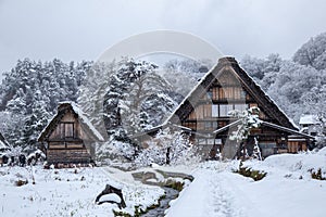 Shirakawago village with snow cover