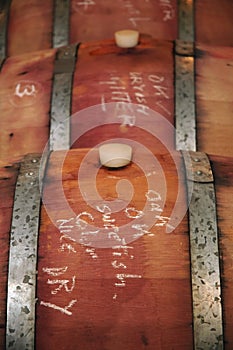 Shiraz maturing in oak barrels