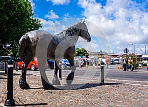 Shire Horse statue at entrance to town centre regeneration of Eldridge Pope Brewery Site, Dorchester