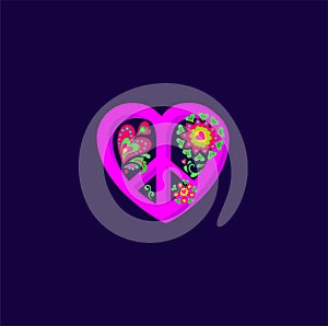 Shirt or bag print with viva magenta Hippie peace symbol in heart shape with flower-power on navy blue background