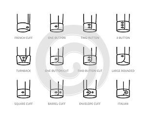 Shirt cuffs types flat line icons set. One button, french cuff, turnback sleeves vector illustrations. Outline pictogram