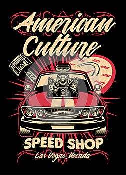 Shirt design of american muscle car speed shop