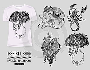 -shirt design with hand-drawn ethnic animals collection, mehendi tatoo style. White isolated t-shirt. Ethnic african