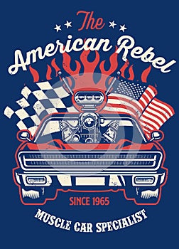 Shirt design of muscle car with big engine