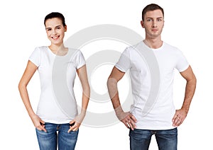 Shirt design and people concept - close up of young man and woman in blank white t-shirt isolated.