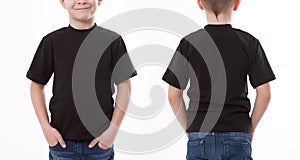 Shirt design and people concept - close up of young man in blank black tshirt front and rear isolated. Mock up template