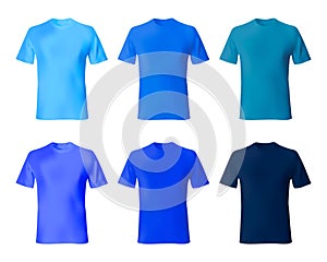 Shirt design template. Set men t shirt navy blue, indigo color. Realistic mockup shirts model male fashion