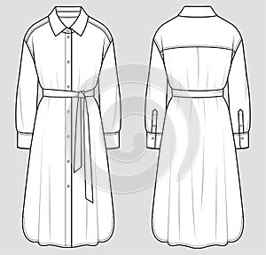 Shirt dress with belt. Flat technical drawing. Vector illustration