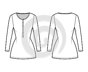 Shirt dress mini technical fashion illustration with henley neck, long sleeves, fitted body, Pencil fullness, stretch