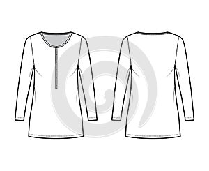 Shirt dress mini technical fashion illustration with henley neck, long sleeves, oversized, Pencil fullness, stretch