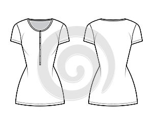 Shirt dress mini technical fashion illustration with henley neck, short sleeves, fitted body, Pencil fullness, stretch