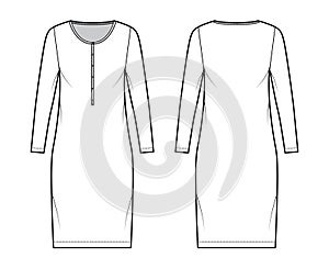 Shirt dress technical fashion illustration with henley neck, long sleeves, knee length, oversized, Pencil fullness. Flat