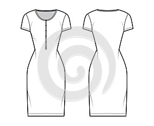 Shirt dress technical fashion illustration with henley neck, short sleeves, knee length, fitted body, Pencil fullness.