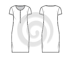 Shirt dress technical fashion illustration with henley neck, short sleeves, knee length, oversized, Pencil fullness Flat