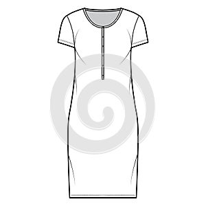 Shirt dress technical fashion illustration with henley neck, short sleeves, knee length, oversized, Pencil fullness Flat