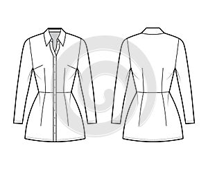 Shirt dress technical fashion illustration with regular collar, mini length, fitted body, Pencil fullness, button up