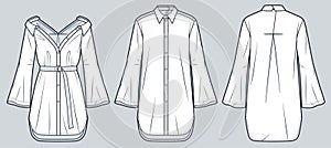 Shirt Dress technical fashion Illustration. Tunic Dress fashion flat technical drawing template, bell sleeve