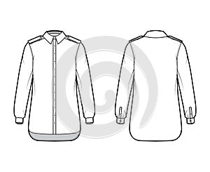 Shirt epaulette technical fashion illustration with long sleeve with cuff, relax fit, button-down opening regular collar