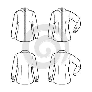 Shirt fitted technical fashion illustration with elbow fold long sleeve, slim fit, darts, button-down