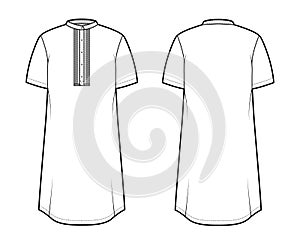Shirt kurta technical fashion illustration with short sleeves, embellished henley neck. Flat indian shalwar qameez tunic