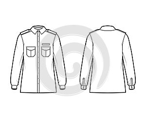 Shirt military technical fashion illustration with epaulette, flaps angled pockets, long sleeve, relax fit, button-down