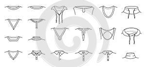 Shirt necklines. Pullover, t-shirt and sweatshirt neckline styles. Technical drawing templates, fashion clothes types