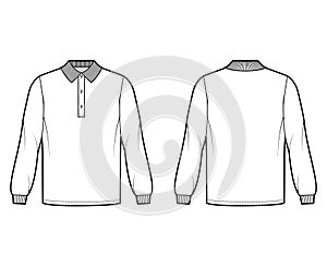 Shirt polo oversized technical fashion illustration with long sleeves, knit cuff, henley button collar. Apparel outwear