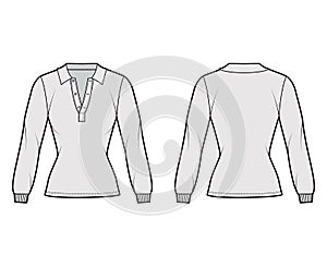 Shirt polo technical fashion illustration with long sleeves, tunic length, open henley neck, slim fit, flat collar.