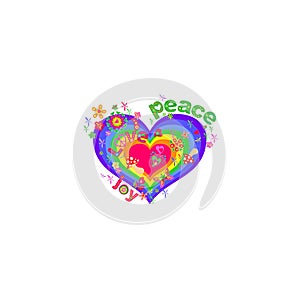 Shirt print with colorful heart shape in rainbow colors, flower-power, fly agaric and peace, love and joy words for hippie poster