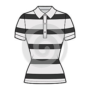 Shirt rugby stripes technical fashion illustration with short sleeves, tunic length,, fitted body, henley polo collar.