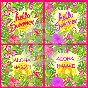 Shirt summer backgrounds variation with Aloha Hawaii and Hello summer lettering, tropical leaves, hot sun and exotic flowers for T