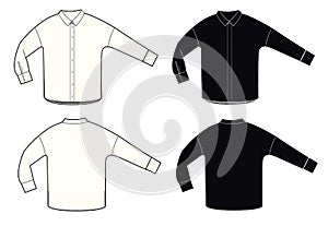 Shirt technical sketch set. Black and white color, front and back sides. Unisex shirt template.Blouse sketch.