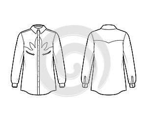 Shirt western technical fashion illustration with long sleeves, reinforced pockets, relax fit, yokes, button-down,