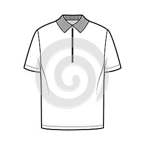 Shirt zip polo technical fashion illustration with short sleeves, tunic length, henley neck, oversized, flat knit collar