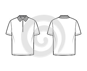 Shirt zip polo technical fashion illustration with short sleeves, tunic length, henley neck, oversized, flat knit collar