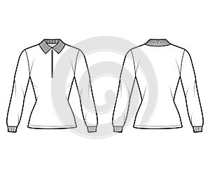 Shirt zip-up polo technical fashion illustration with long sleeves, tunic length, henley neck, fitted body, flat collar