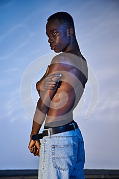 shirtless african american man in stylish