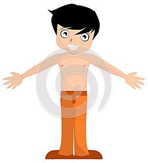 Shirtless boy with open arms, cartoon, isolated.