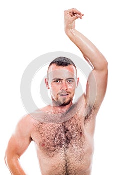 Shirtless hairy man posing