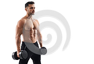 Shirtless male bodybuilder holding dumbbells.