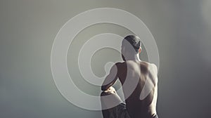 Shirtless man seated in contemplation, back to the camera, with soft light from the side. Serenity and introspection concept