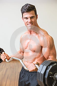 Shirtless muscular man lifting barbell in gym