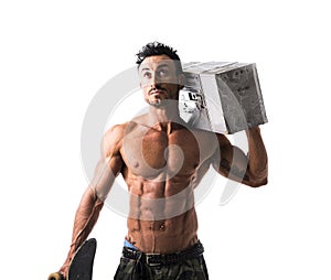 Shirtless muscular man with skateboard and boombox radio
