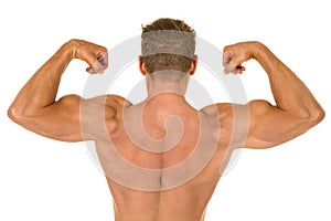 Shirtless strong man flex back