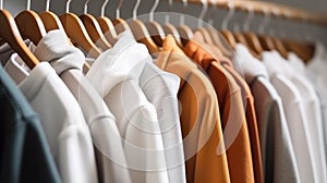 shirts and pullovers on hangers in a wardrobe