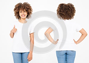 Shirts set. Summer t shirt design and close up of young afro american woman showing big thumb up in blank template white t-shirt.