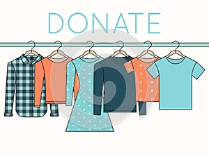 Shirts, Sweatshirts and Dress on Hangers. Donate Clothes Illustration