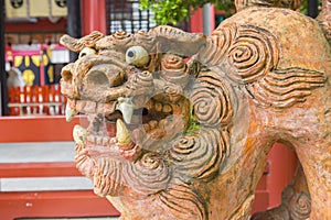 A traditional Ryukyuan cultural artifact and decoration guardian lions at Naminoue Shrine, Okinawa, Japan.